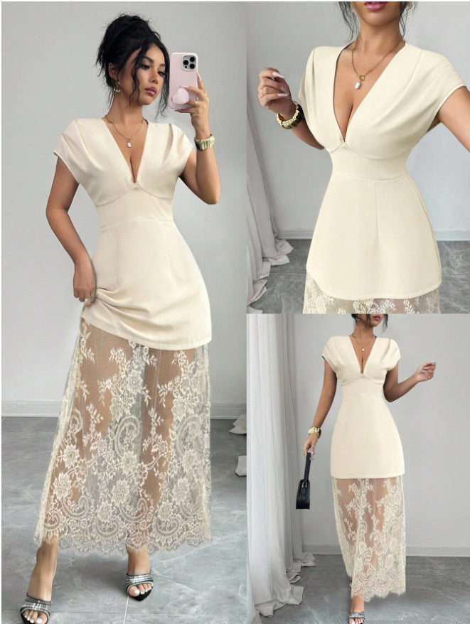 Amazon women's spring/summer new arrivals: elegant v-neck sexy urban lace patchwork short sleeve dress/gown