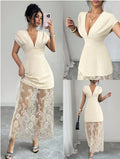 Amazon women's spring/summer new arrivals: elegant v-neck sexy urban lace patchwork short sleeve dress/gown