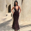 european and american cross-border new women's sexy deep v backless bodycon dress with tie-up ruched mermaid skirt