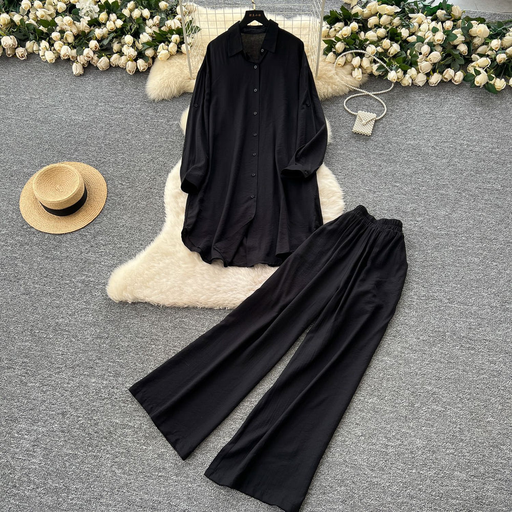 Lazy style casualsuit female k-stylefashionloose medium longlong sleevesshirtdresshigh waistloose pants