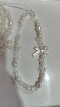 Minimalist pearl white heart bracelet with gauze bow and bear charm - phone lanyard accessory