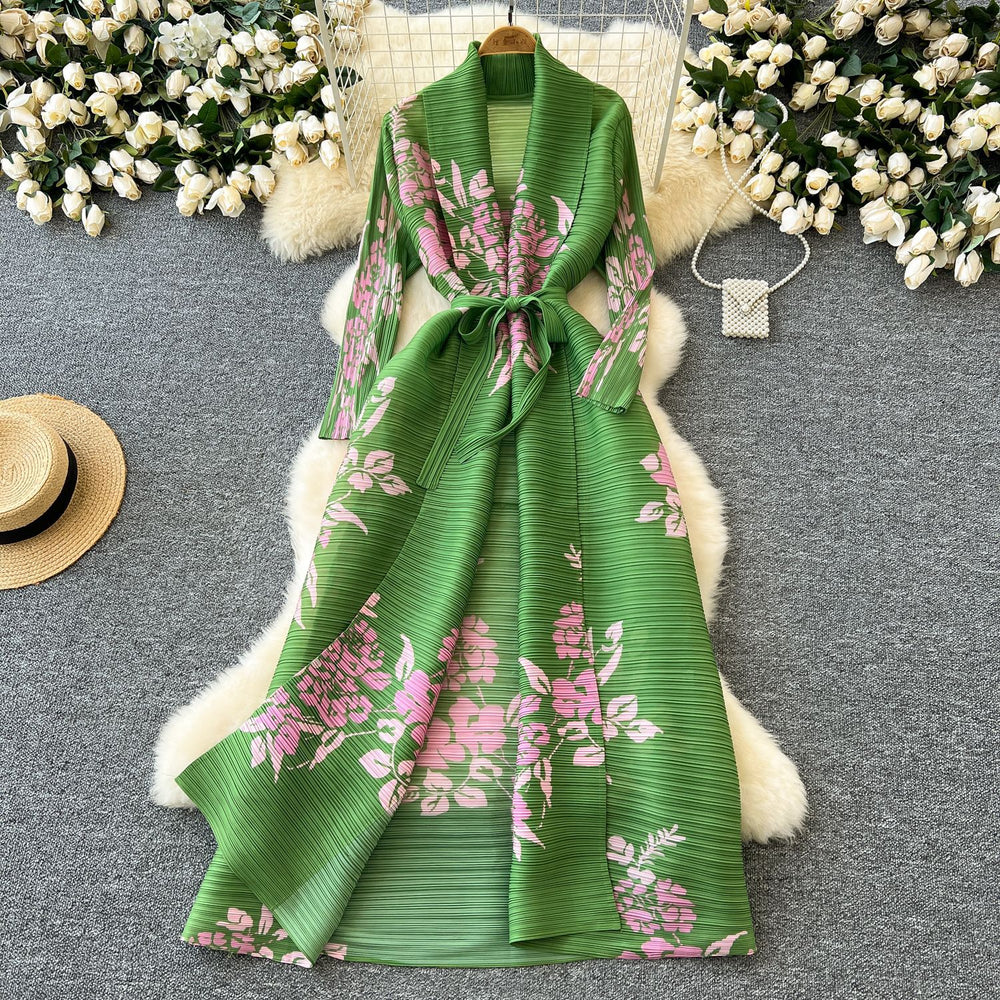 Fashion style large version dress women's fashion styleeasiest for match lapel waist strap mid-length pleated printingoutwear