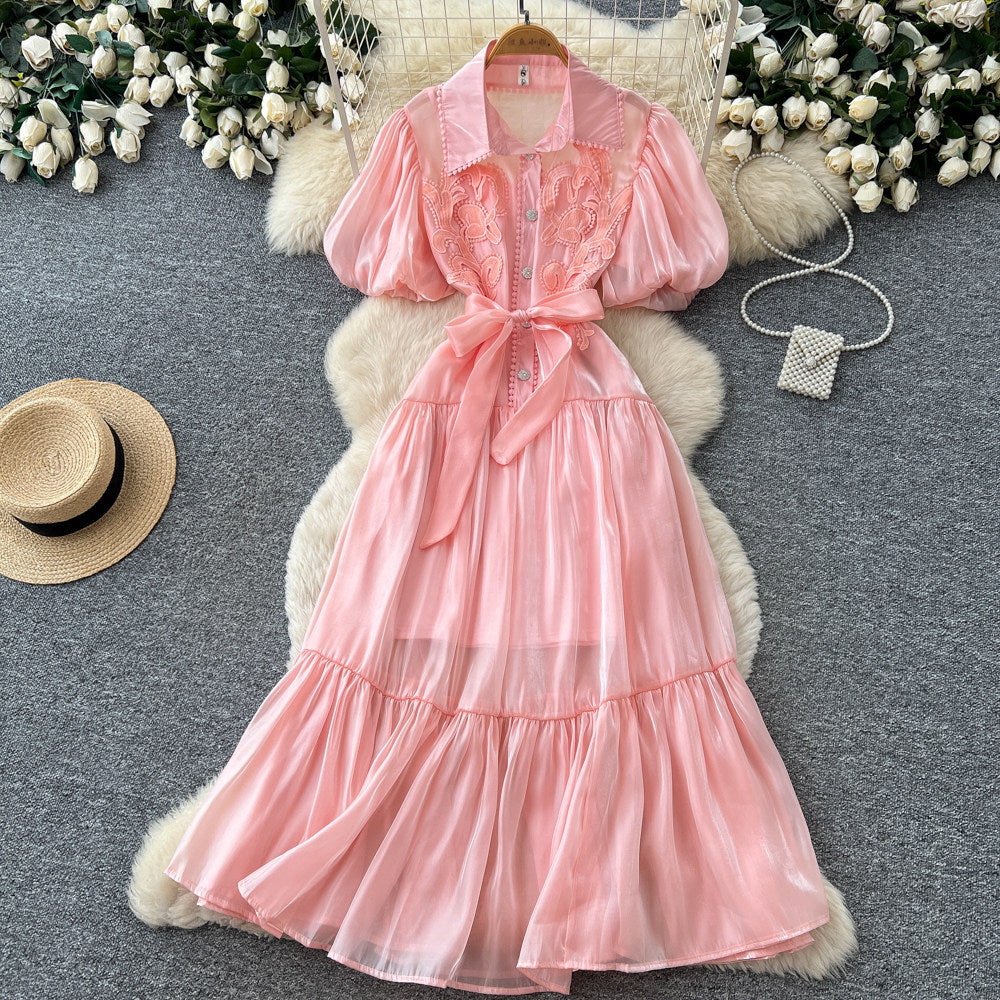 French chic pink lantern sleeve dress - summer romantic tie-waist a-line dress - slimming & commute-friendly