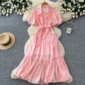 French chic pink lantern sleeve dress - summer romantic tie-waist a-line dress - slimming & commute-friendly