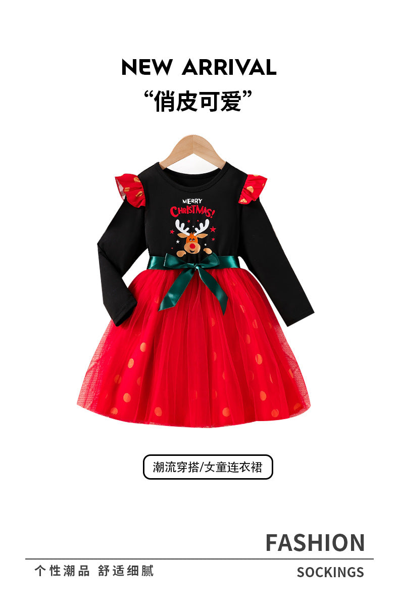 girldressfake two-piece patchwork red gauze deer print bows belt kids holiday skirt