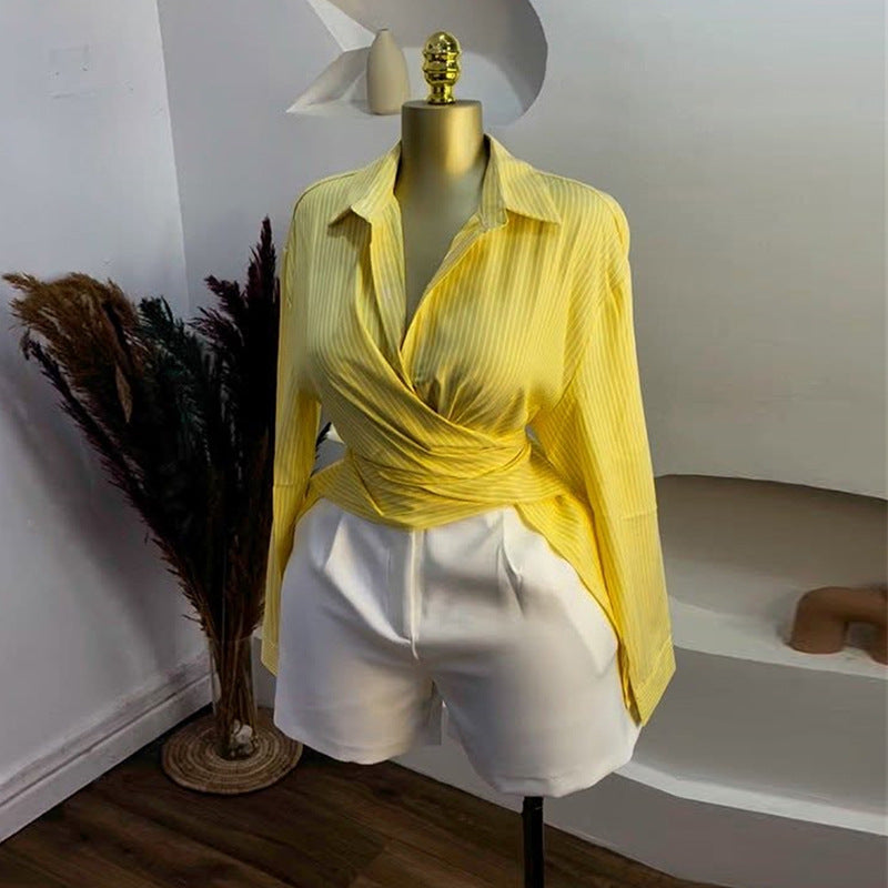 European and american cross-border women's fashion:  summer new arrival - stylish notch collar striped tie-waist slimming long-sleeve shirt top