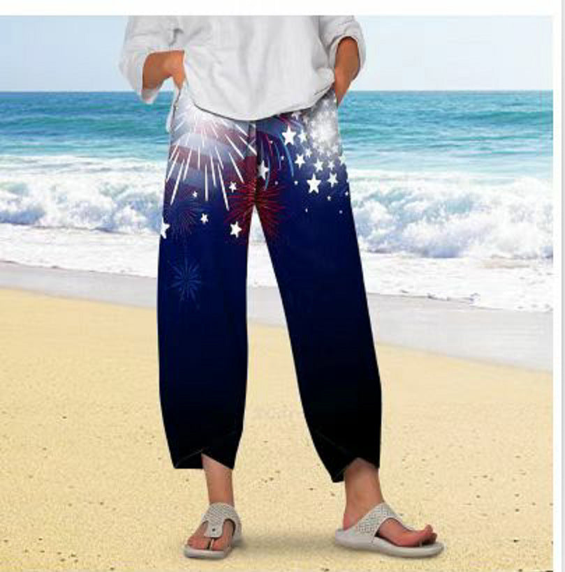 new  wide-leg pants: relaxed fit, cotton linen blend, printed, pocketed, elastic waist, cropped length - women's - in stock