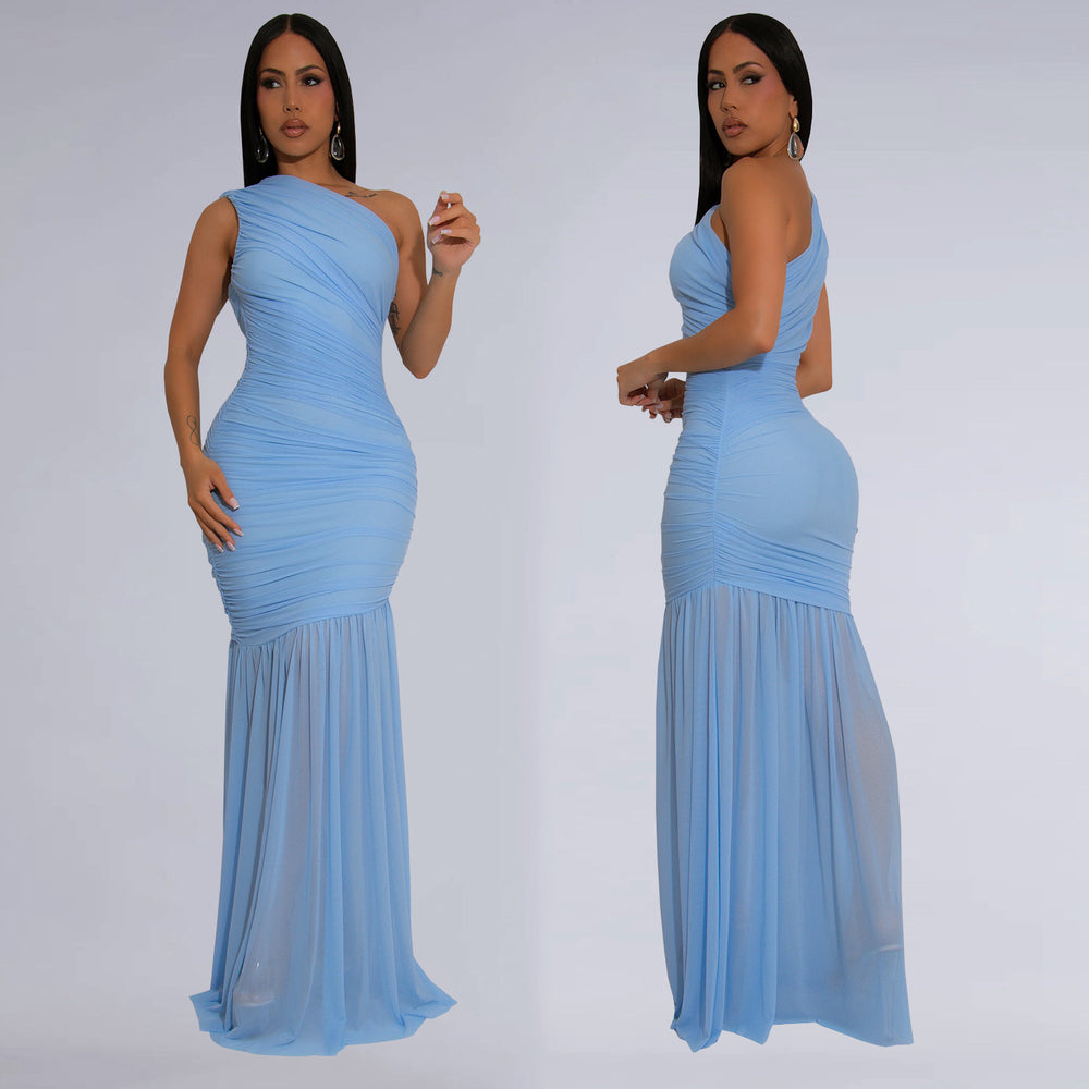 C7370 cross-border   fashion women's elegant one-shoulder sexy see-through solid color dress