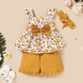 Baby girl summer outfit set: new european and american style, hot-selling sleeveless printed top + solid color lace-trimmed shorts with headband