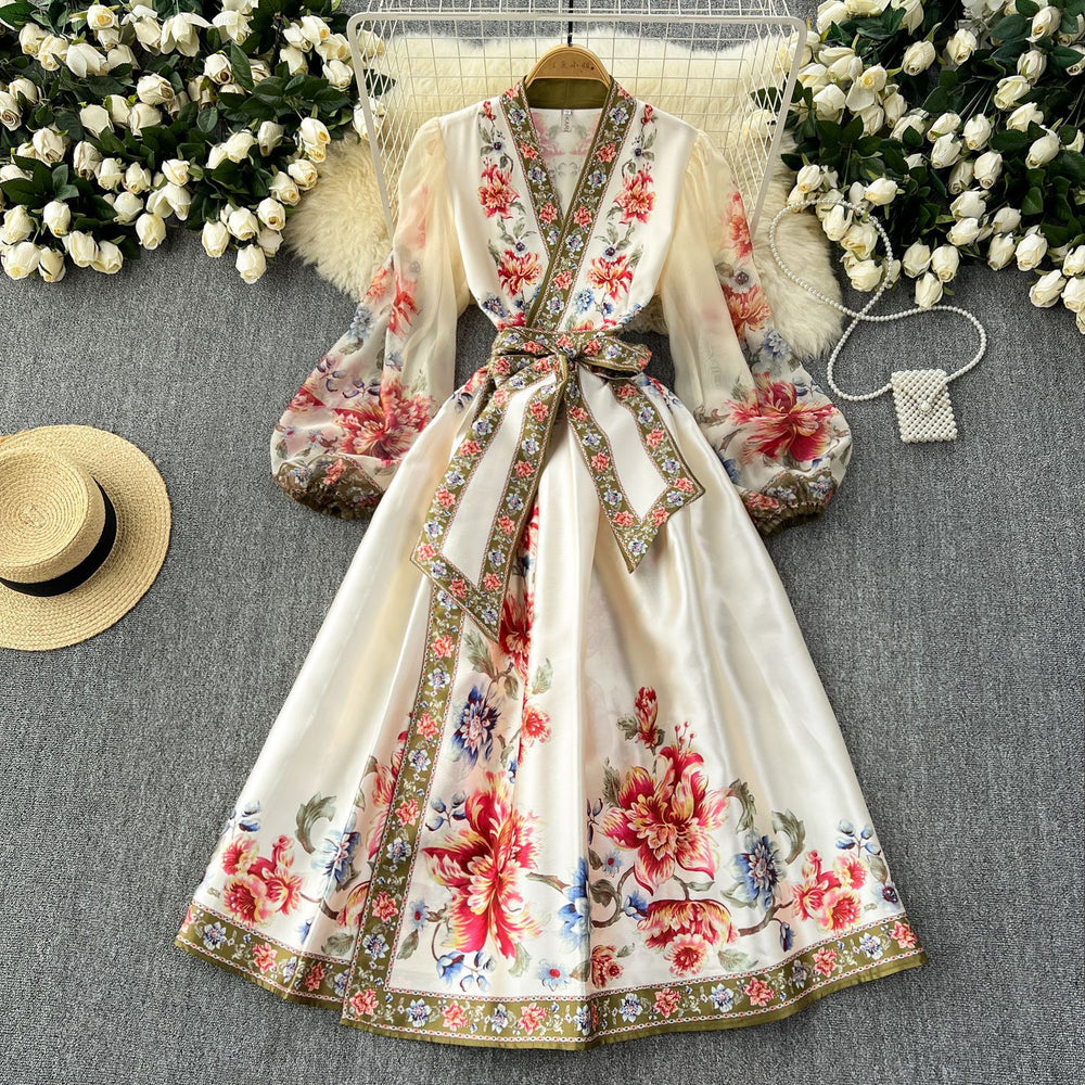 French retroelegancedress women's classy palace style printingtie back waist elegant dressfashionlong skirt
