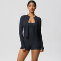High-waisted, form-fitting, brushed yoga set. european and american style, "naked feel" quick-dry fitness outfit. three-piece set for outdoor leisure, running, and sports
