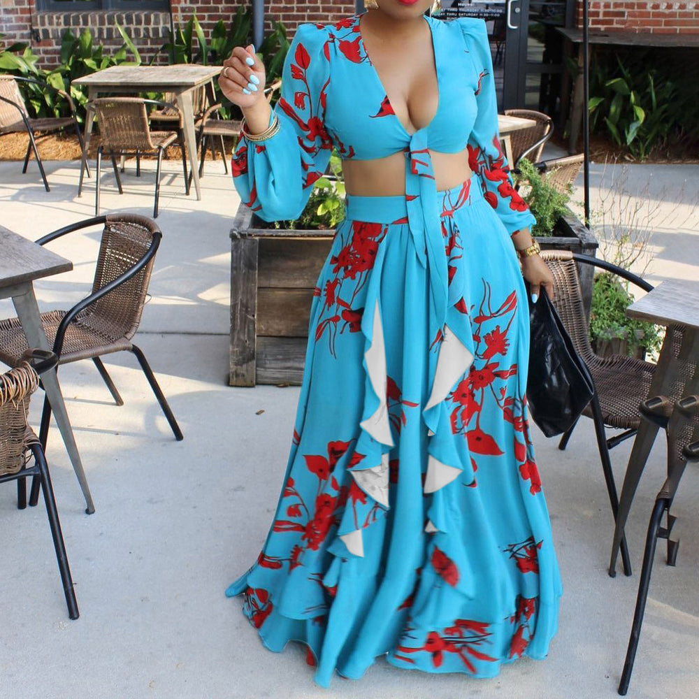 C8467  summer new fashion sexy printed tie-up top and midi skirt european and american two-piece outfit