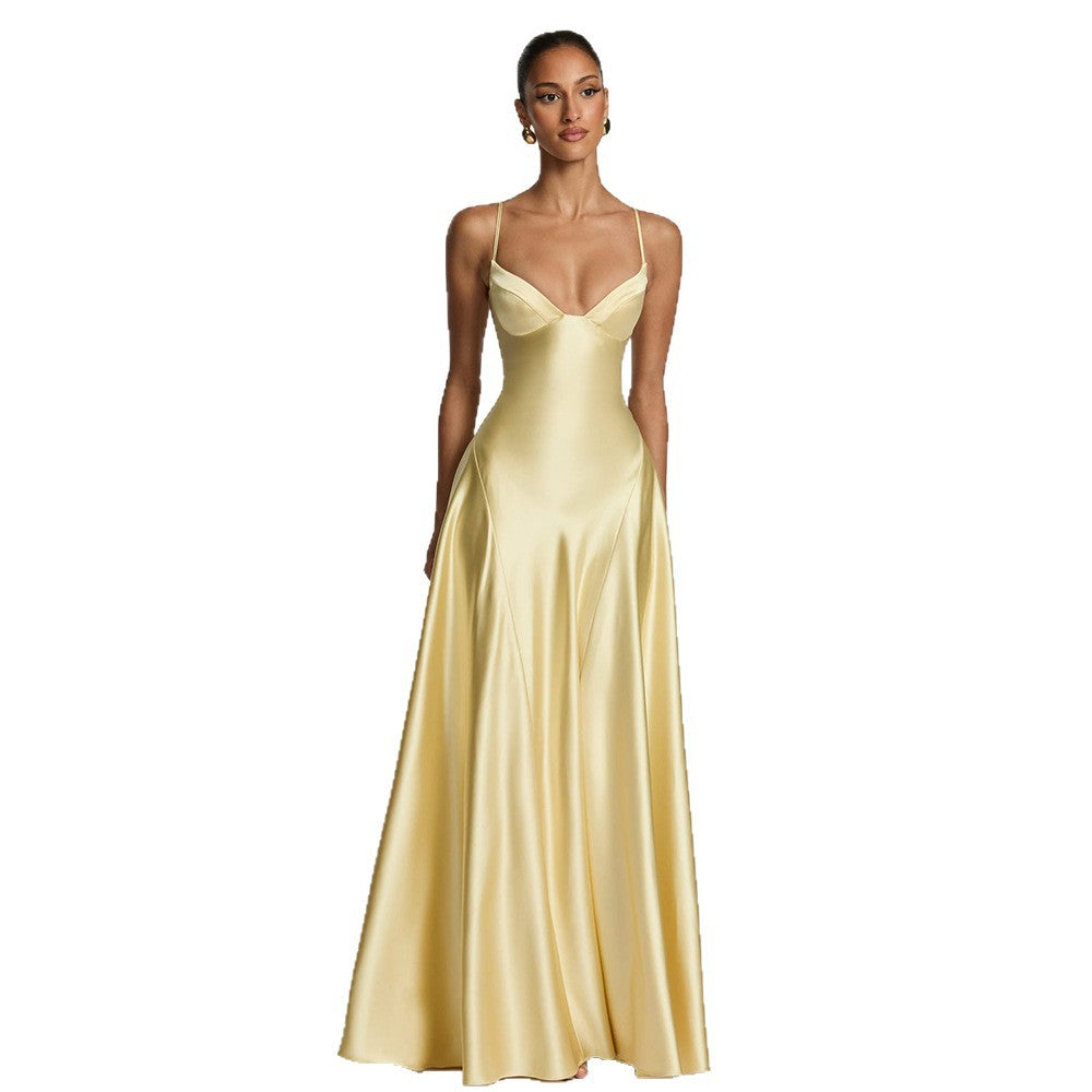 Amazon european and american women's clothing  new arrival: elegant and chic low-cut, high-end camisole dress with cinched waist
