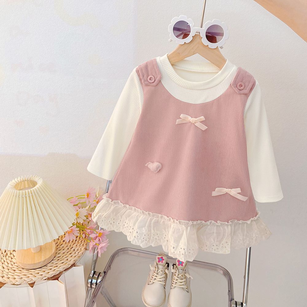 Baby girl autumn chic bowknot tank top faux two-piece dress,  new korean style lace trim dress for girls