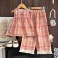 Lace trimmed girls' outfit -  summer new arrival: girls' casual lightweight sleeveless korean style tank top and pants two-piece set