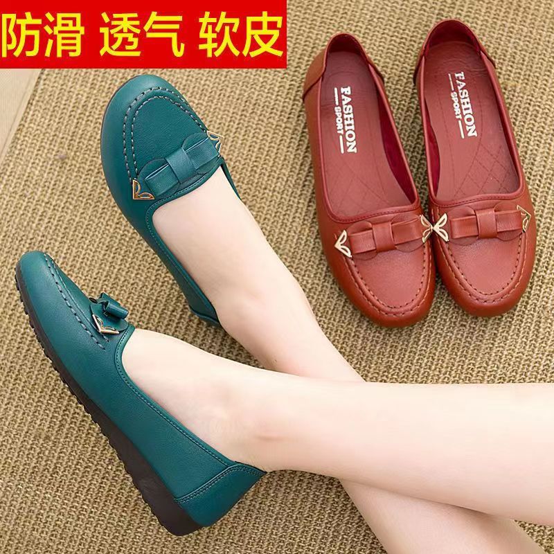 Soft leather soft bottom ladieswear shoes flatsabrasion resistantwaterproofbows work shoes wechat group purchase live broadcast one piece dropshipping