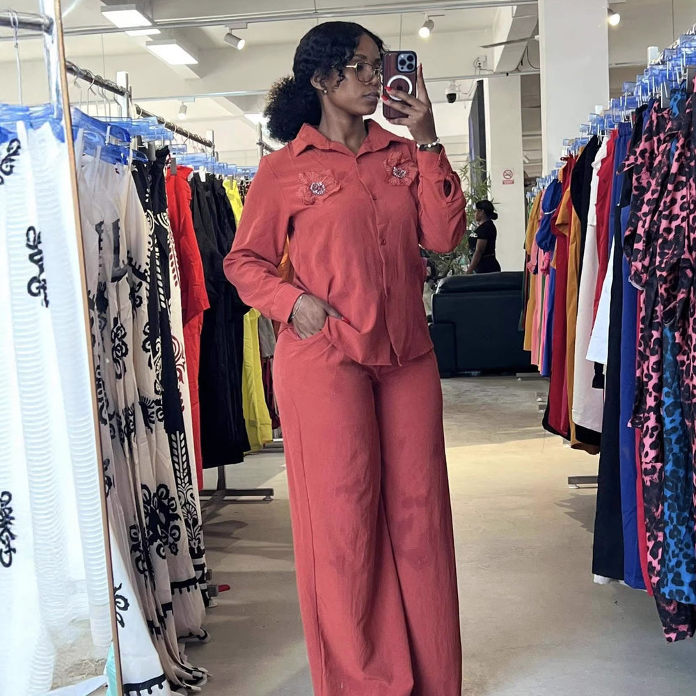 European and american cross-border women's fashion:  summer new collection - solid color floral long sleeve blouse and high-waisted trousers casual set