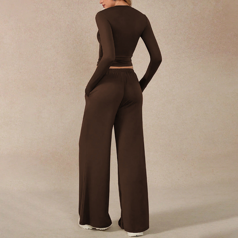 European and american lazy style two-piece set: brown long-sleeve cropped top and wide-leg casual pants - fashionable and comfortable women's outfit
