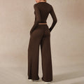 European and american lazy style two-piece set: brown long-sleeve cropped top and wide-leg casual pants - fashionable and comfortable women's outfit