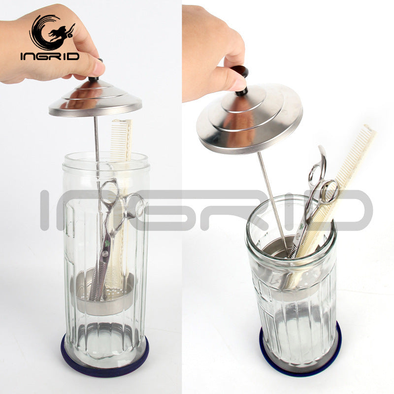 Special glass disinfection bottle for hair salon, hair tool comb scissors razor disinfection tank, stainless steel cover disinfection bottle