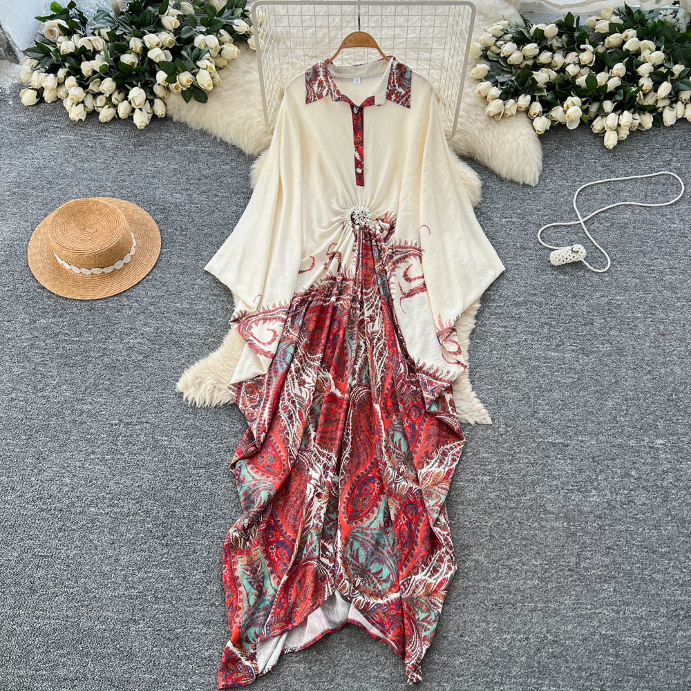 Vacation style printingpatchworkclassy new arrivaldress women's waist slimming look large swing long skirt work clothingelegant skirt