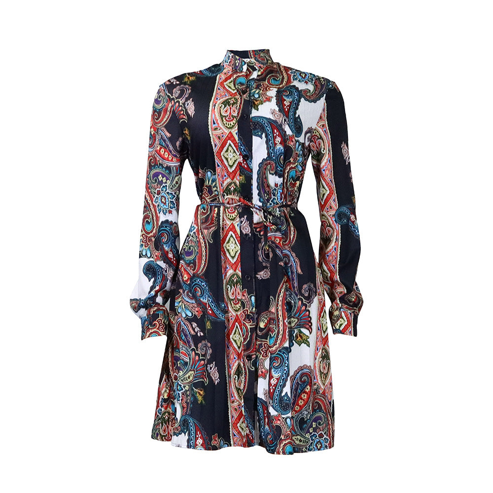 D3187 european and american women's clothing  new arrival: export-grade printed pleated fashion tie-up casual plus size african dress