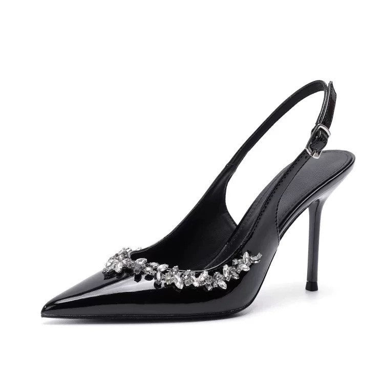 2026 spring/autumn new pointed-toe rhinestone high heels women's black patent leather v-cut stiletto sexy closed-toe pumps sandals
