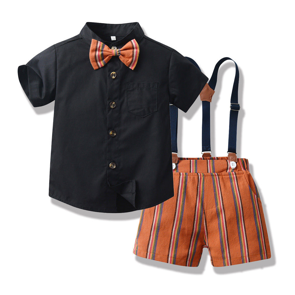 New in stock: summer boys' british style outfit - short sleeve shirt & striped overalls gentleman's first birthday suit