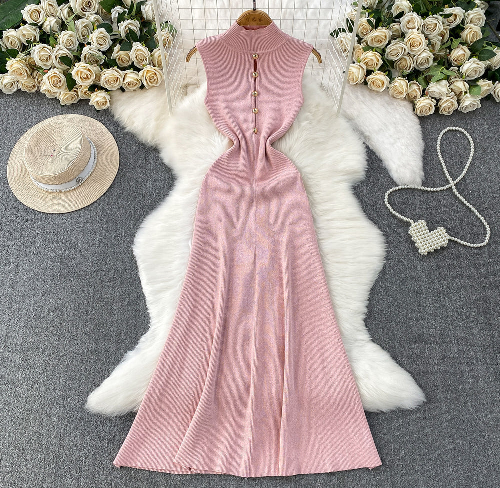 Classysense normcore style elegantcut out metal button half turtle collar dress women's fall and winterelegance bottom knitting long skirt
