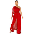 X5675 cross-border   pure colorsexy mesh see-through one-shoulder slanted collar long-sleeved pants jumpsuit for women