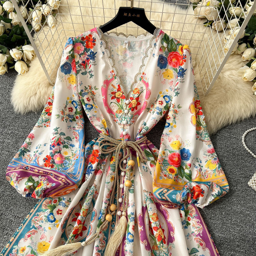 French court style high-end printed bubble sleeve dress - women's v-neck tie-waist elegant a-line ruffle skirt