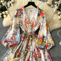 French court style high-end printed bubble sleeve dress - women's v-neck tie-waist elegant a-line ruffle skirt