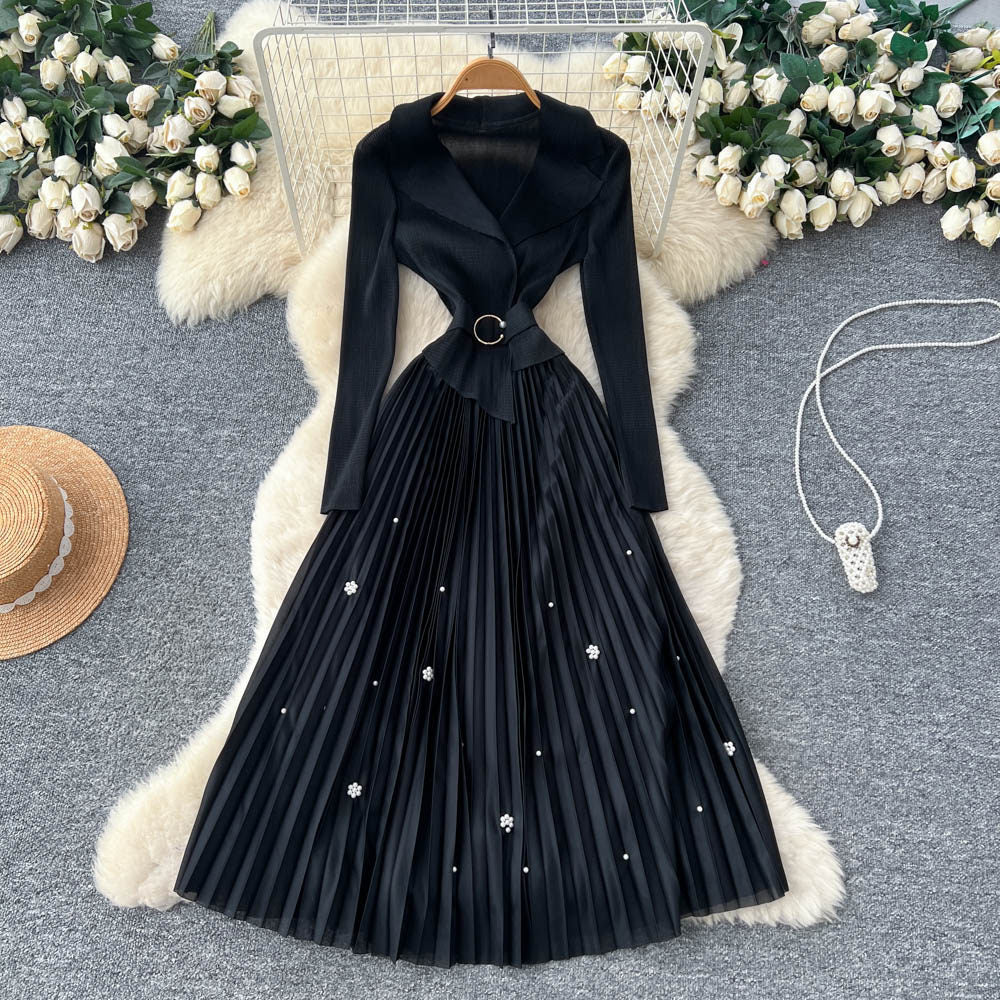 Commuting style lapel beaded long sleevesdress women's waist pleated skirtclassy socialite elegance gentle style long skirt