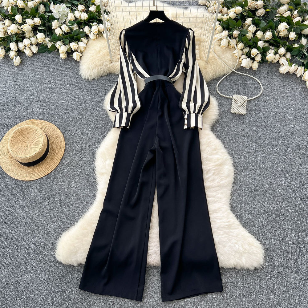 Light mature stylecontrast colorstripes lantern sleeves waist suit collar jumpsuit women's high waistslimming look jumpsuit wide leg pants