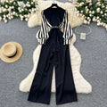 Light mature stylecontrast colorstripes lantern sleeves waist suit collar jumpsuit women's high waistslimming look jumpsuit wide leg pants