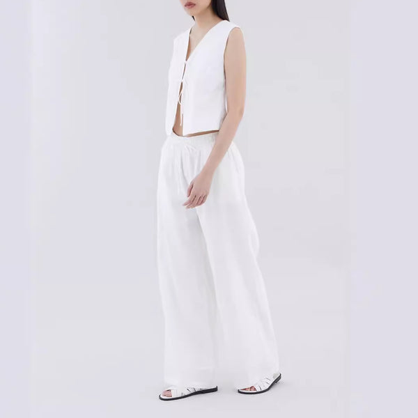Independent Station Explosion 2024 Summer and Autumn Casual Linen Set European and American Cardigan Strap-up Vest Straight Pants Two-piece Set Women
