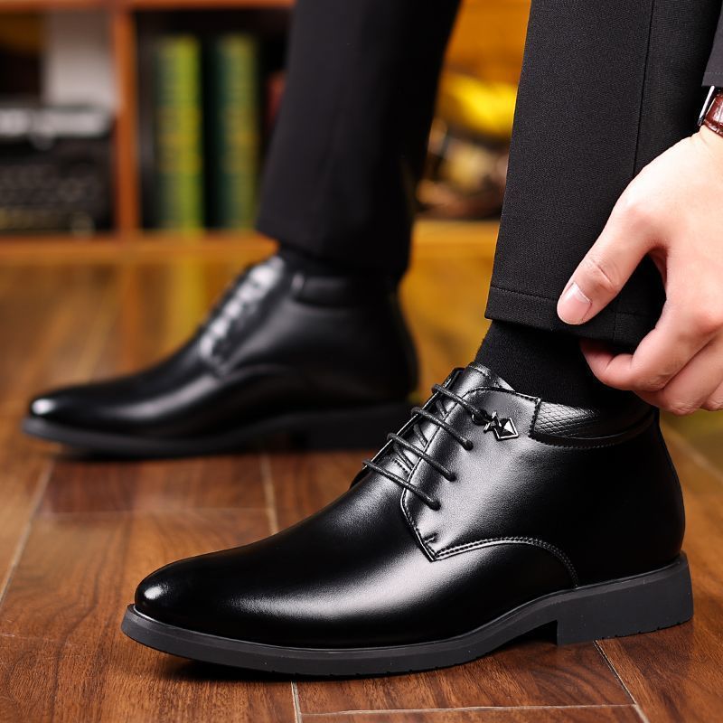 Men's winter cotton shoes, fleece-lined warm & thickened leather boots, sheepskin shearling boots, business genuine leather high-top shoes