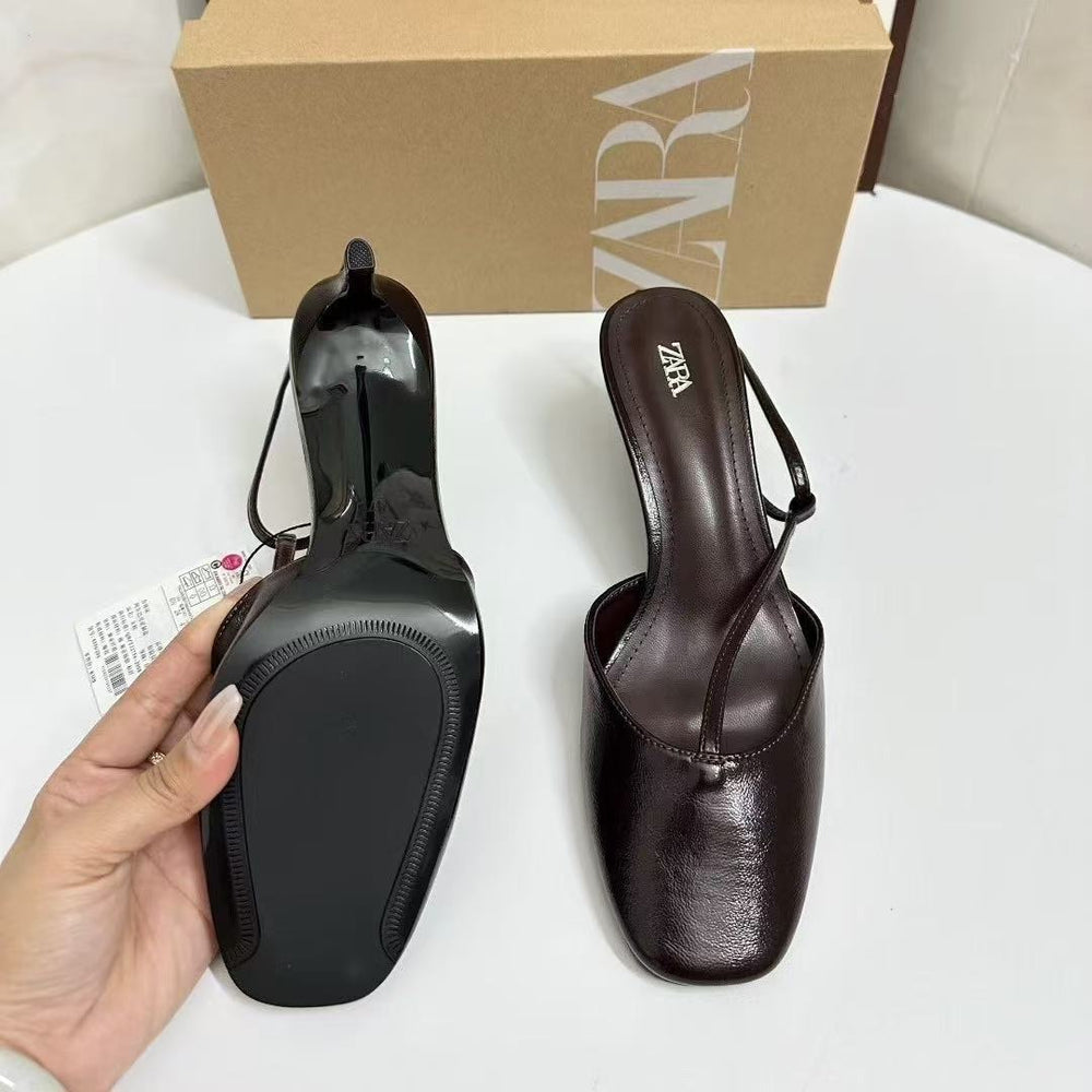 Za2025summer new round toe high heels stiletto toe cap flats sandals back strap buckle hollow women's flats