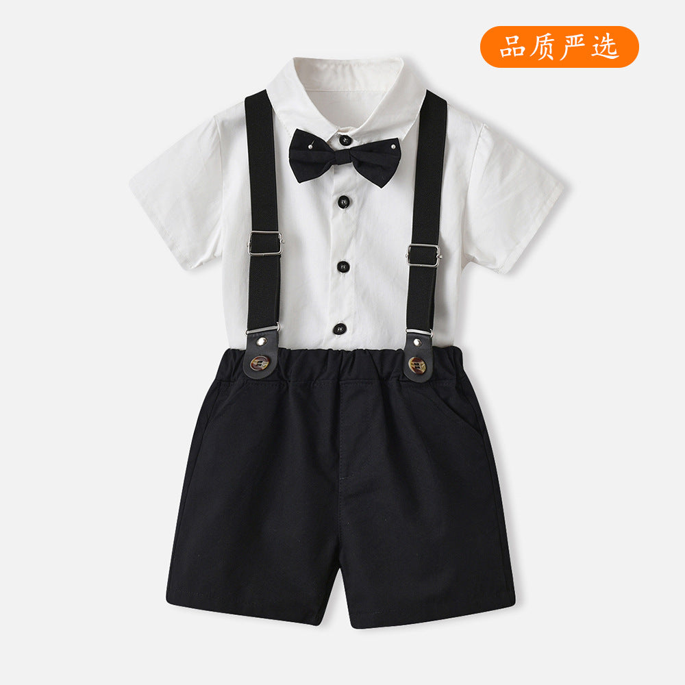 Japanese and korean style boys' summer outfit: short-sleeve shirt and suspender pants - stylish children's performance costume for piano recitals, hosting, and runway shows