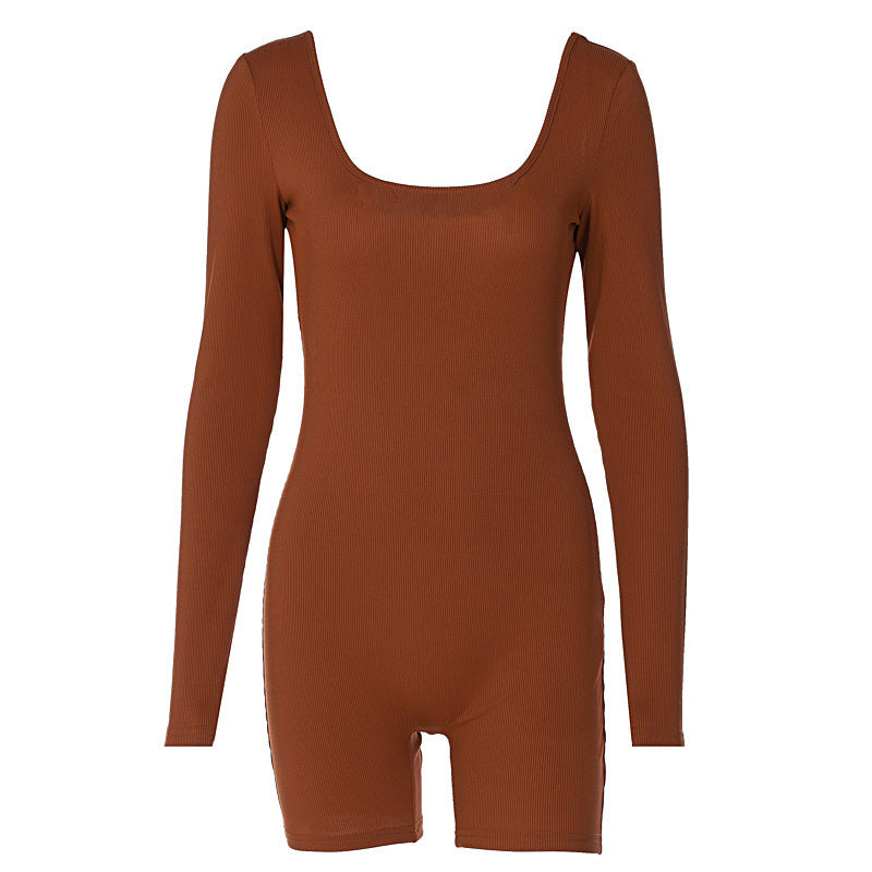 2024  high-end fashion women's clothing new solid color yoga pants threaded integrated leaking back halter long-sleeved shorts