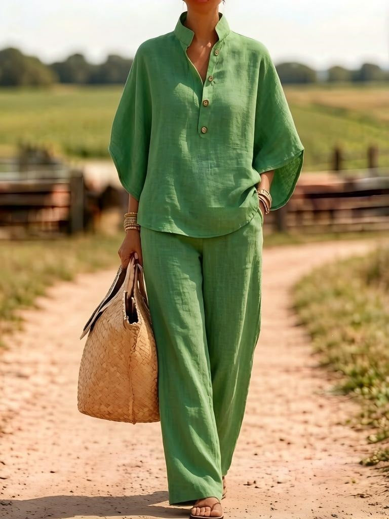 european and american cross-border new spring/summer comfortable casual button-down shirt and wide-leg pants linen two-piece women's set