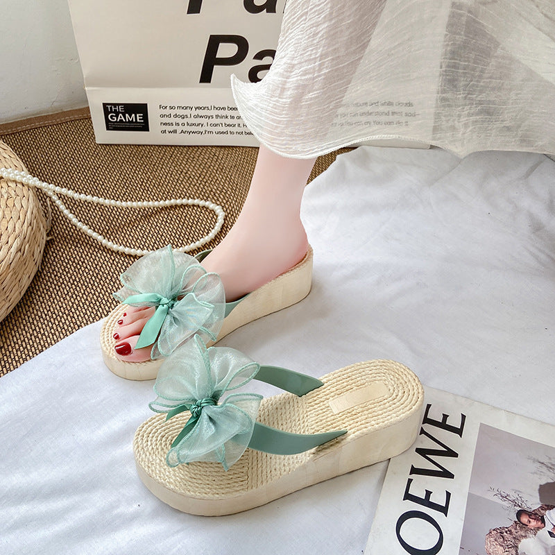 Summer new fashion bowknot platform flip-flops women's mid-heel non-slip sandals beach vacation travel shoes