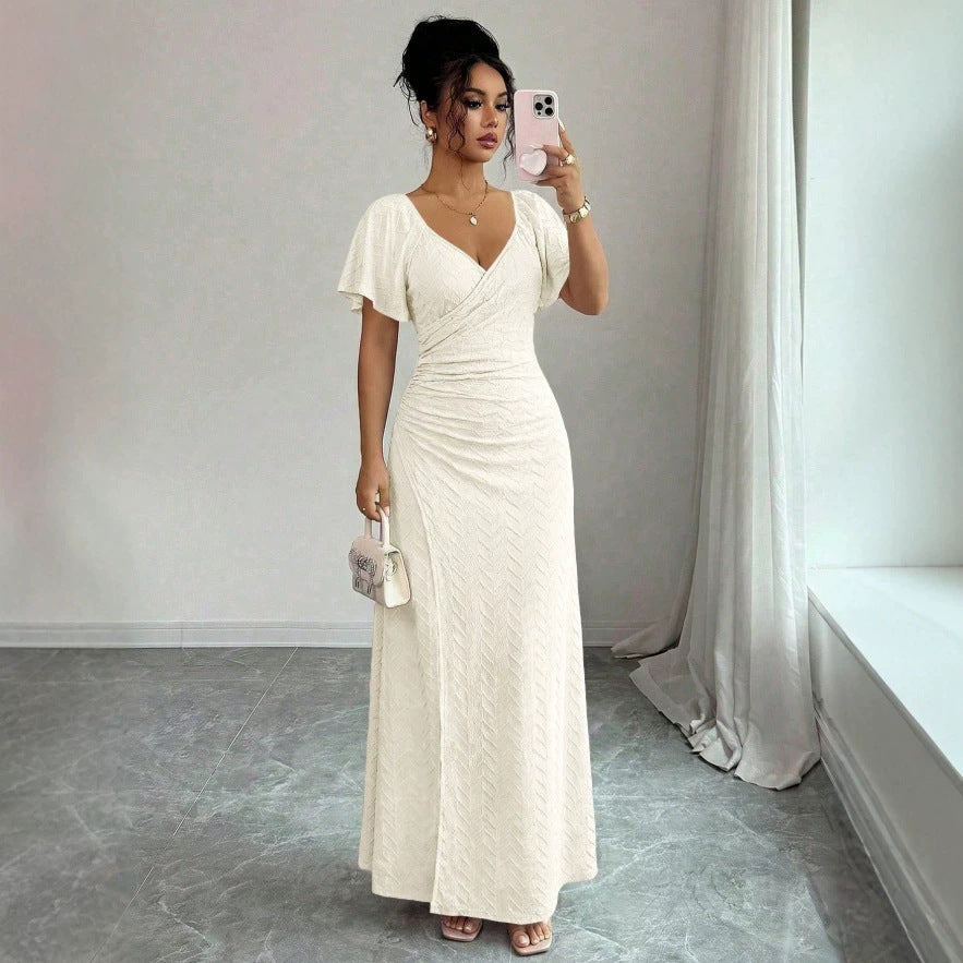 summer new arrival:  tume european and american v-neck drawstring tie sexy short-sleeve solid color dress
