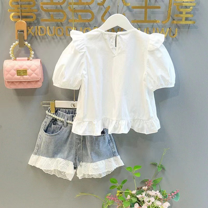 Summer new girls' outfit: bubble sleeve blouse and lace denim shorts two-piece set