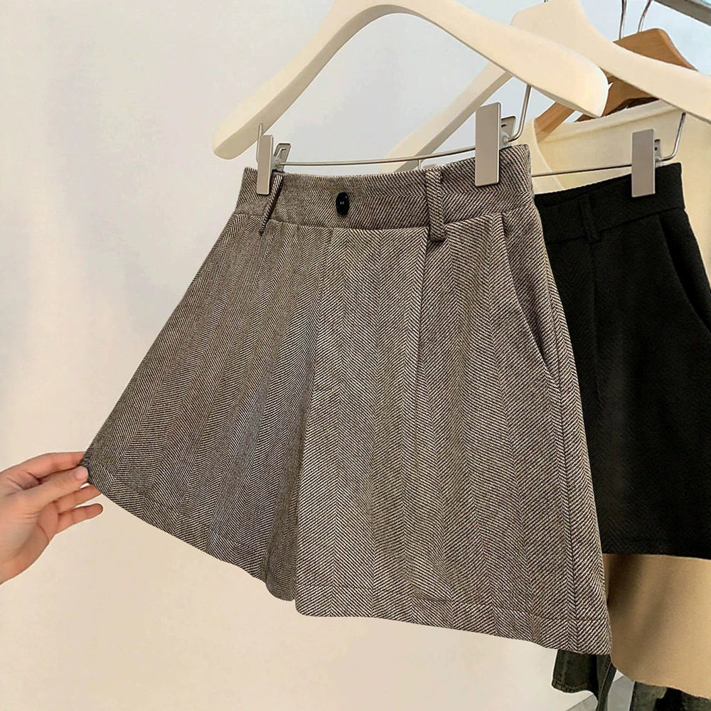 Exportfashion retro herringbone pattern high waist waist twill material side pocket easiest for match age-reducingshorts