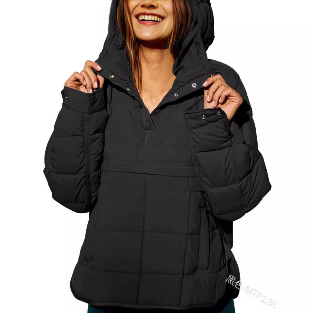 European and american  new casual fashion solid color cotton padded jacket, loose fit long sleeve pullover hoodie with round hem top