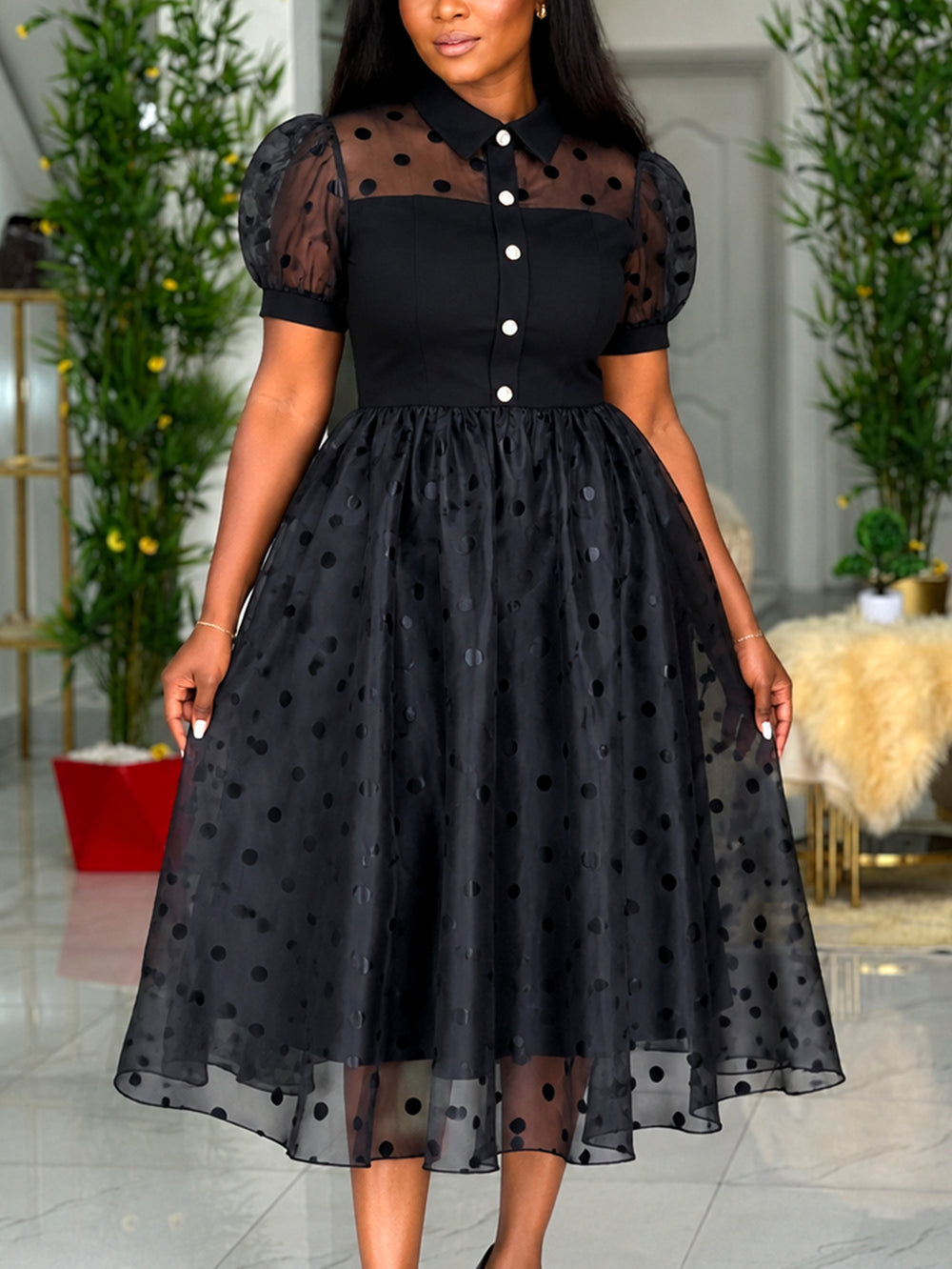 Trendy new mesh polka dot dress - cinched waist, shirt collar, black commute-ready retro style dress