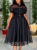 Trendy new mesh polka dot dress - cinched waist, shirt collar, black commute-ready retro style dress