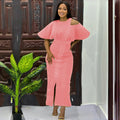 Amazon european and american women's clothing solid color casual fashion african cross-border ruffle sleeve slim fit slit maxi dress