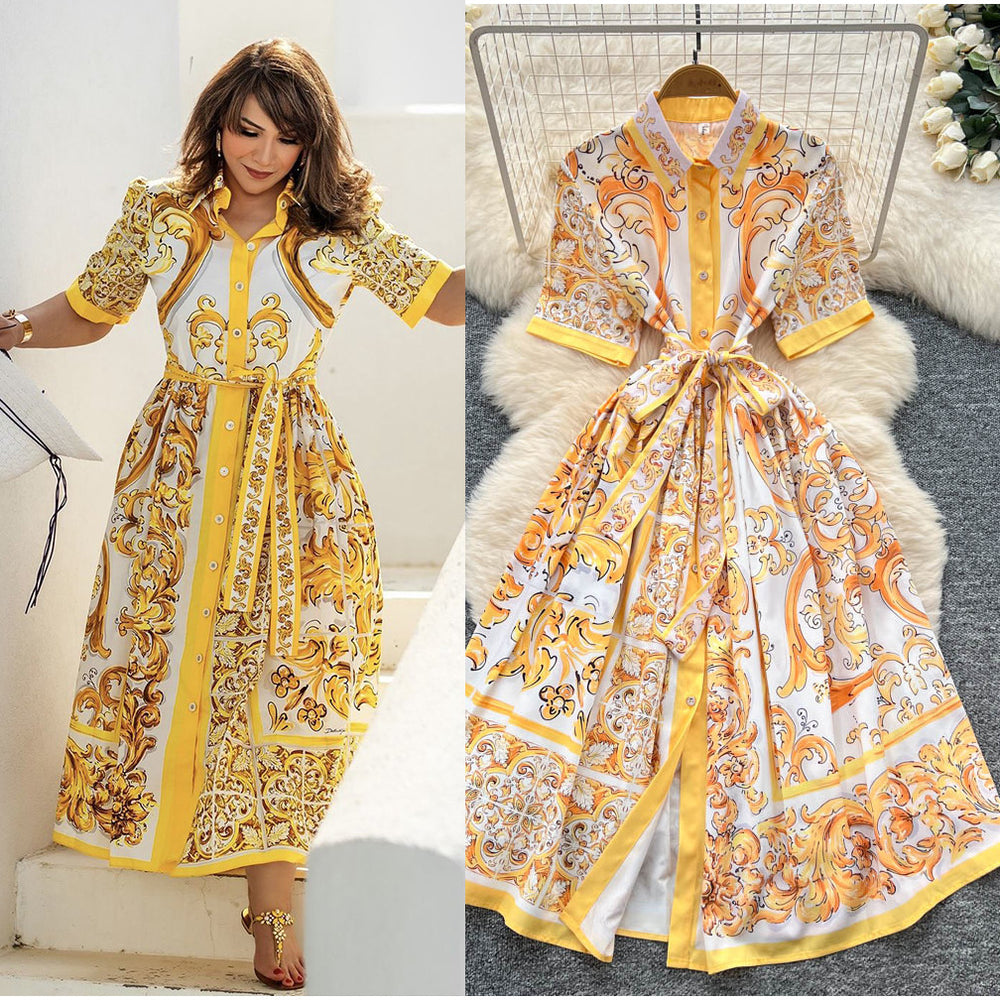 European and american niche style court-inspired placement print dress - women's summer high-end tie-waist single-breasted shirt dress